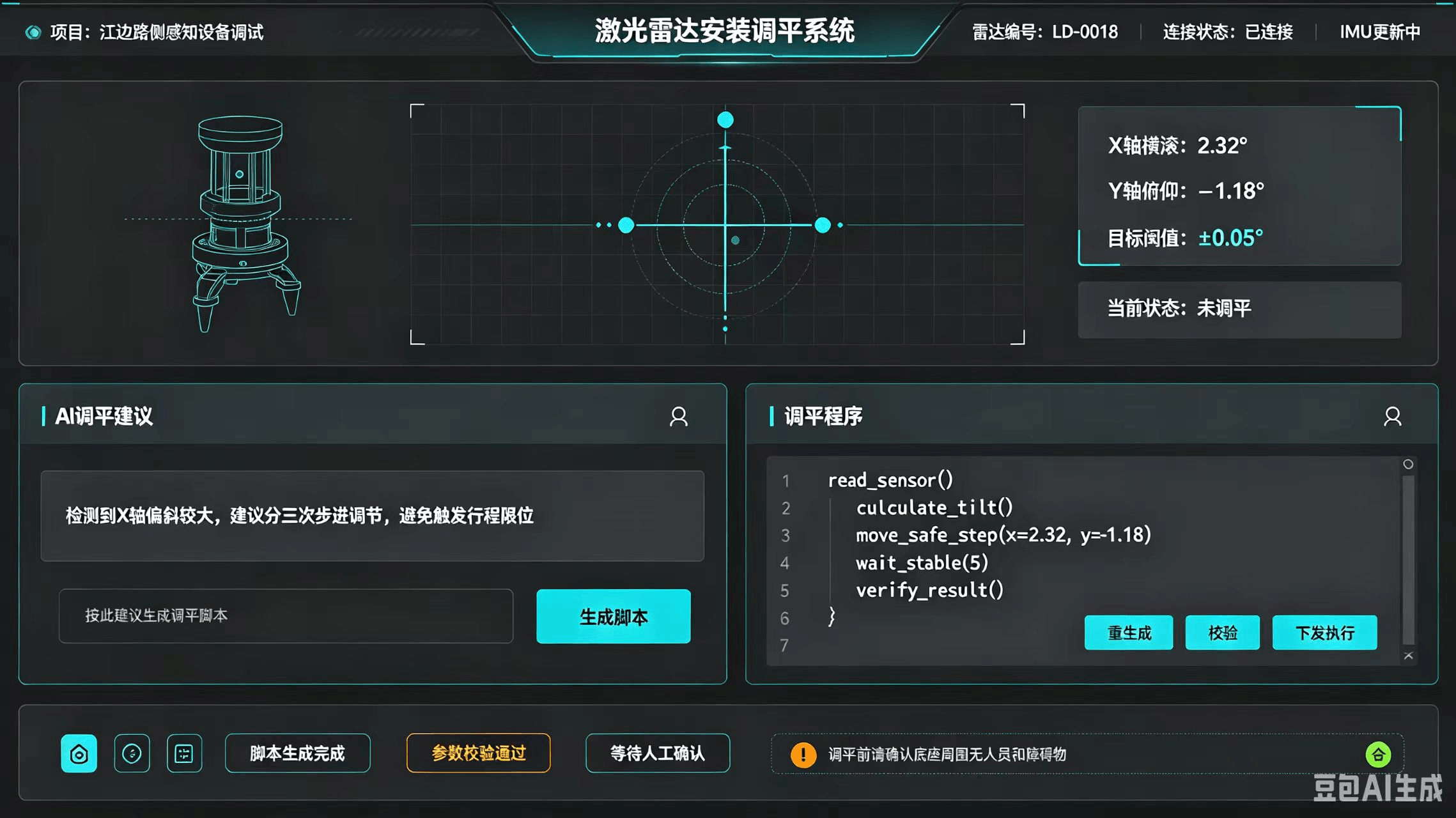 激光雷达安装调平系统。雷达编号LD-0018，已连接，IMU更新中。左侧雷达示意图，中间水平姿态图，当前状态未调平。下方为AI调平建议及调平程序。